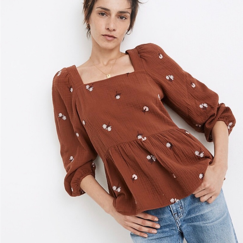 NWT Madewell Amie Floral Embroidered Lightspun Millbrook Puff-Sleeve Peplum Top